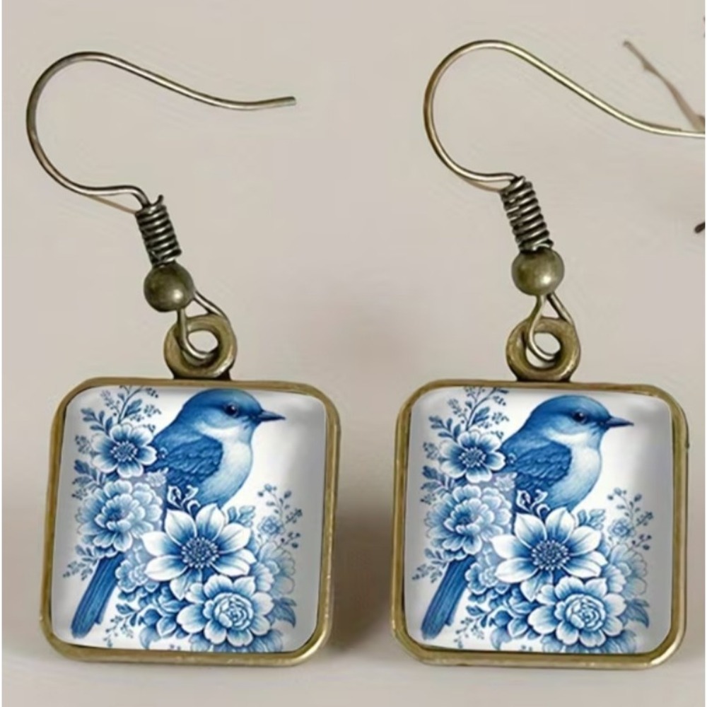 square glass dangle blue white bird floral summer spring botanical earrings